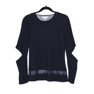 Black Long-Sleeve Cutout Knit Top with Mesh Hem